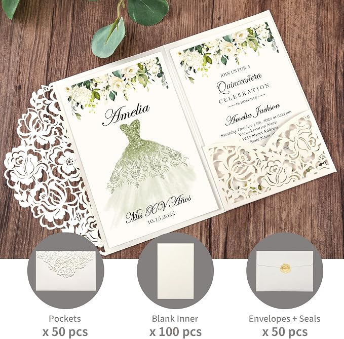DORIS HOME Laser Cut Quinceanera Invitations, Ivory White, 4.7"x7.1" | 50pcs, Blank Quince Invitations, For 15th Birthday & Sweet 16, With Envelopes