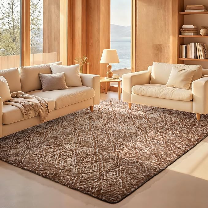 Ophanie Brown and White Diamond Striped Rugs for Living Room 5x7, Fluffy Shag Large Fuzzy Plush Soft Carpets, Shaggy Rugs for Bedroom, Carpet for Kids Boys Girls Dorm Nursery Home Decor Aesthetic