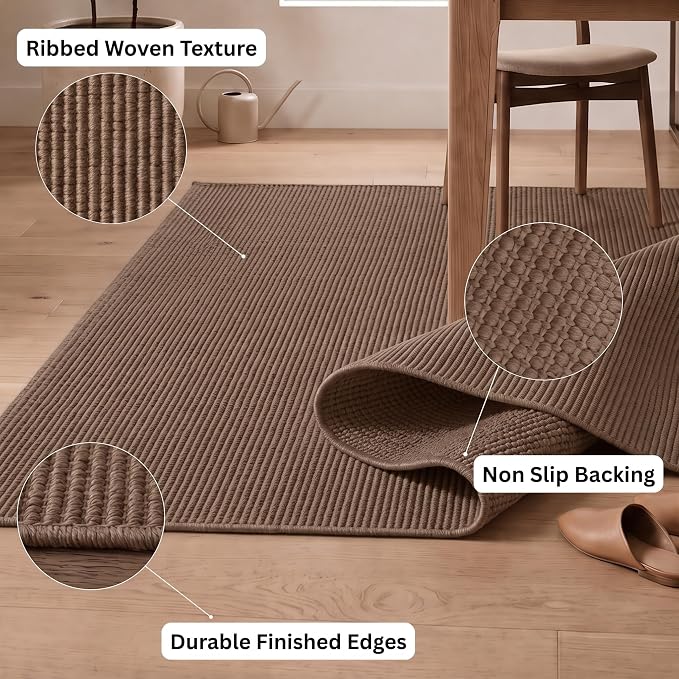 THE BEER VALLEY Hand Woven Area Rug 3x5 Feet - Brown Mocha | Non Slip Indoor Outdoor Kitchen Large Rugs for Living Room, Washable Low Profile Patio Carpet