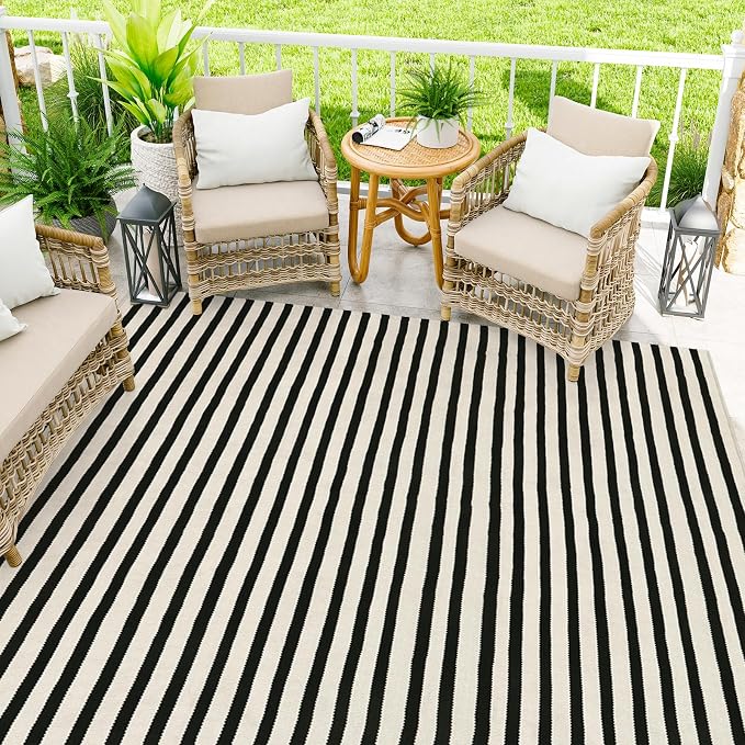 LEEVAN 5'X8' Black and White Striped Woven Cotton Reversible Outdoor Rug | Machine Washable Front Porch Rug, Entryway Door Mat, Indoor Layering Carpet for Balcony Farmhouse Laundry Patio