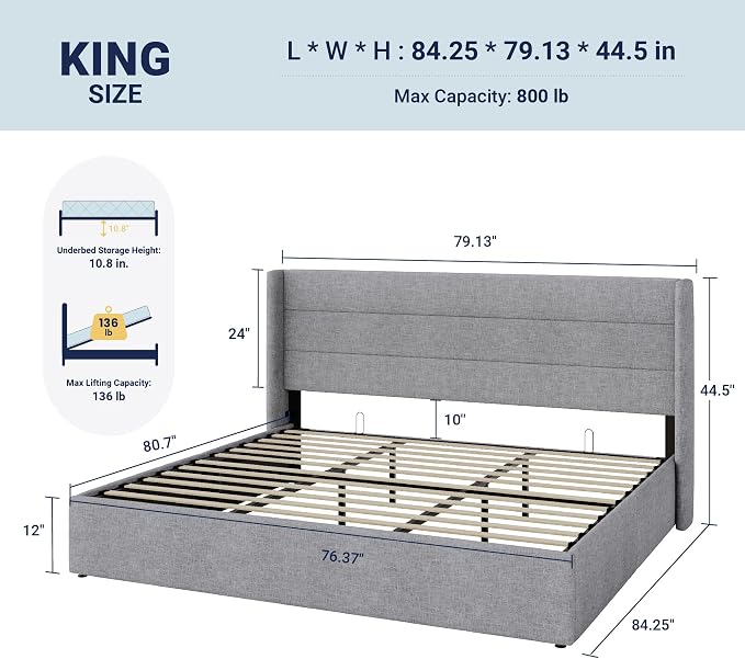Allewie King Size Lift Up Hydraulic Storage Bed Frame Light Grey | Modern Wingback Headboard, Hydraulic Support Storage, No Box Spring Needed