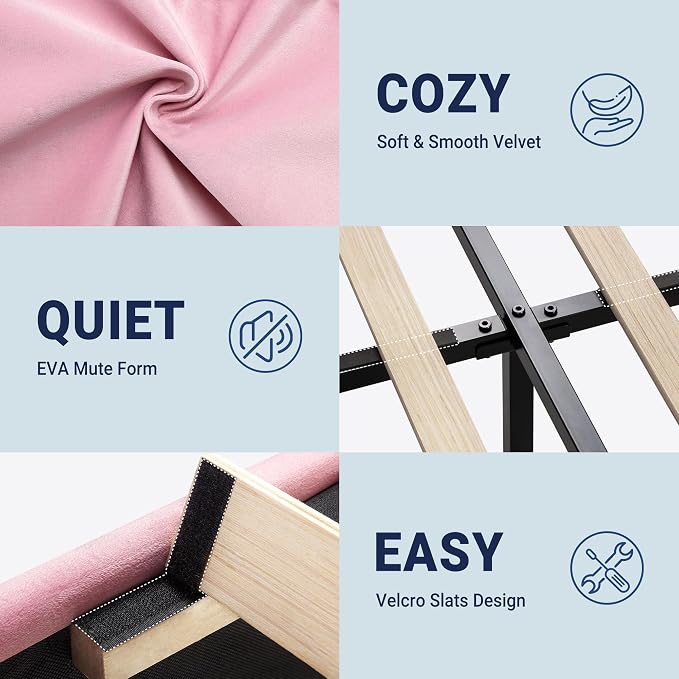 Allewie Full Size Platform Bed Frame with Adjustable Headboard | Plush Velvet Upholstered, Vertical Channel Tufted, Sturdy Wood Slats, No Box Spring Needed, Easy Assembly, Pink
