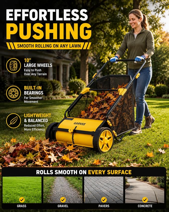 30 Inch Push Lawn Sweeper with Large 12 cu ft Mesh Collection Bag | Heavy Duty Steel Frame, 10" Rubber Wheels, 4 Spinning Brushes, Manual Height Adjustment for Leaves, Grass and Yard Debris