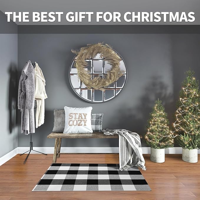 IOHOUZE Buffalo Plaid Checkered Rug 2x3 Ft Front Door Mats, Washable Area Rugs for Front Porch Decor, Spring Summer Welcome Mats Outdoor, Black White Rug for Farmhouse/Entryway/Home Entrance