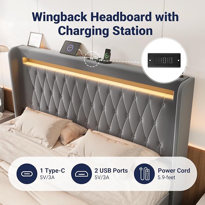 Allewie King Size Upholstered Bed Frame with LED & Charging Station, Gray | Customizable LED lights, charging station, tufted wingback headboard, noise-reducing support, and no box spring needed.