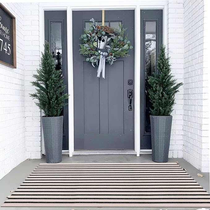 LEEVAN Black and White Striped Area Rug 3x5 ft Outdoor Patio Rugs Woven Washable Farmhouse Floor Carpet Front Porch Doormat for Bedroom/Courtyard/Laundry Room/Living Room
