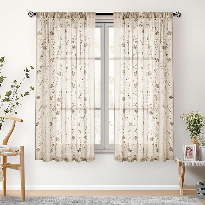 HOMEIDEAS Taupe Sheer Curtains 63 Inches Length 2 Panels Beige Embroidered - Image 8
