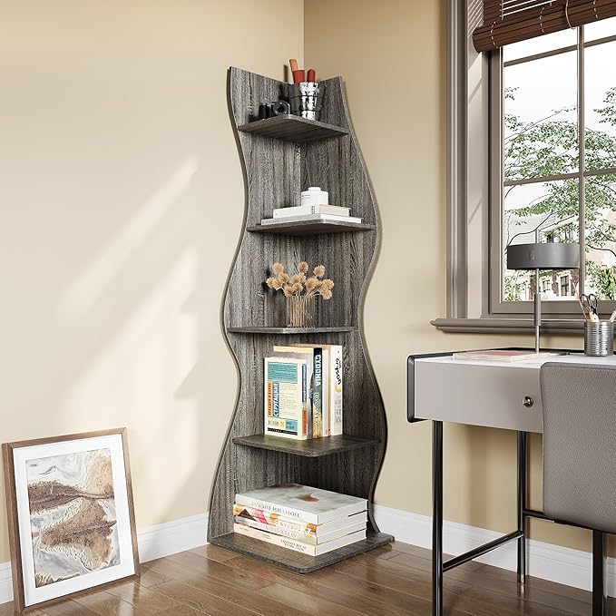 LITTLE TREE 70-Inch Corner Shelf, Seaweed Shaped Etagere Display Bookshelf, Freestanding 5-Tier Wall Shelves for Small Spaces, Living Room, Bedroom, Grey, 2 Pack