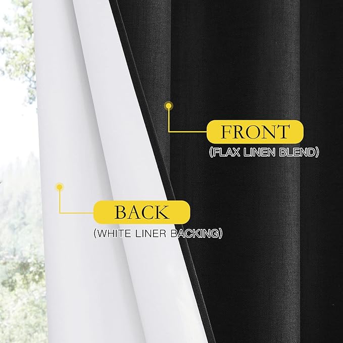 NICETOWN Vintage Open Linen Weave Flax Thermal Curtains, 100% Blackout Curtains 60 inches Long for Dining Room, Soundproof Window Treatment Drapes for Cupboard, Black, 34" Wide Per Panel, Set of 2
