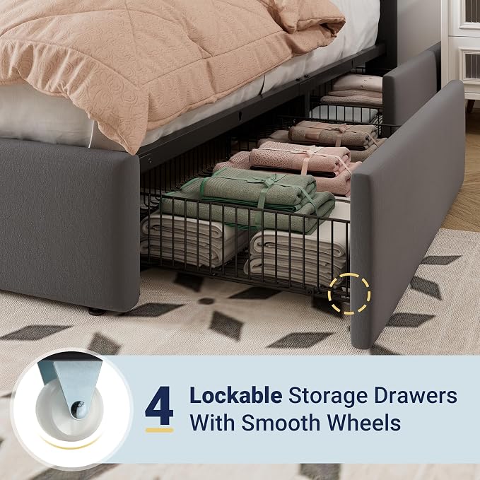 Allewie Full Size Storage Bed Frame, Vertical Channel Tufted Adjustable Headboard, Velvet Upholstered Platform Bed with 4 Oversized Underbed Drawers, Wooden Slats Support, No Box Spring Needed, Grey