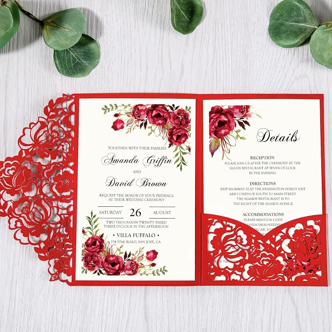 DORIS HOME 50Pcs Personalized Laser Cut Wedding Invitations, Red | 4.7"x7.1", Customized Anniversary Invitations, With Envelopes