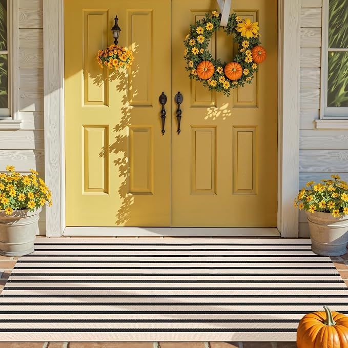 OLANLY Beige and Black Striped Rug 2' x 4'3" (24" x 51") – Washable Cotton Doormat for Indoor Outdoor Use, Layered Front Porch Rug for Entryway, Kitchen, Patio