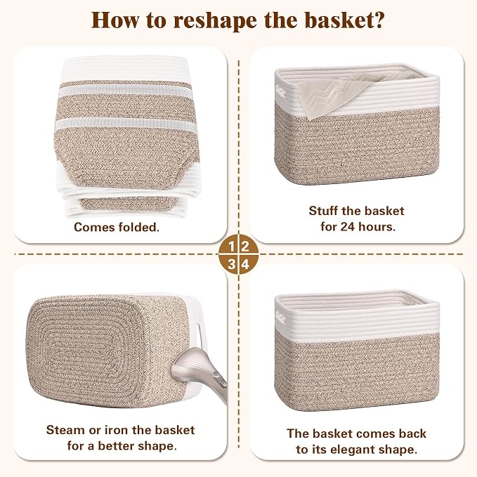 Storage Baskets for Organizing, 4 Pack Baskets for Shelves, Decorative Storage Bins for Shelves, Cotton Rope Storage Basket with Handles, Woven Basket for Storage, 13''Lx8.7''Wx7.9''H, White & Brown