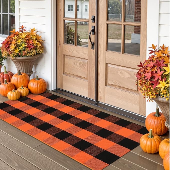 Collive Buffalo Plaid Checkered Outdoor Rug, Black and Orange Halloween Fall Decor Door Mat, 2x4.3 Front Porch Rug, Washable Cotton Welcome Mat Layered Doormat Outside Entrance for Kitchen Entryway