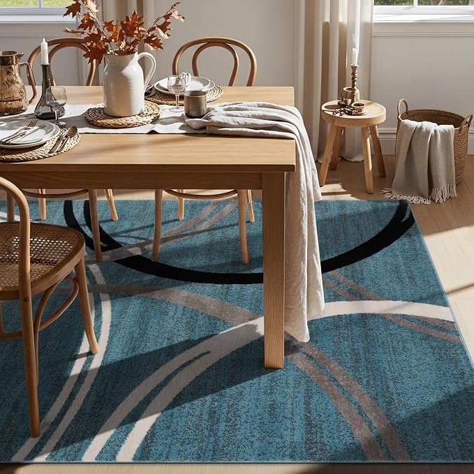 Rugshop Wavy Circles Modern Fade-Resistant Area Rug Blue 5'3" x 7'3" | Rectangular, Size 5'3" x 7'3", Living Room, Bedroom, Dining Room, Home Office, Kitchen, Entryway, Hallway, Nursery, Kids Room