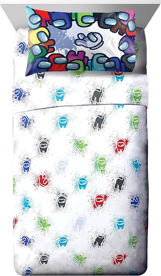 Among Us Full Size Comforter Set 5 Piece Kids Video Game Bedding, Multi | Bed in a Bag, Comforter Sheets Pillowcases, Official Product, Soft Microfiber, Machine Washable, Easy Care, Kids Gift