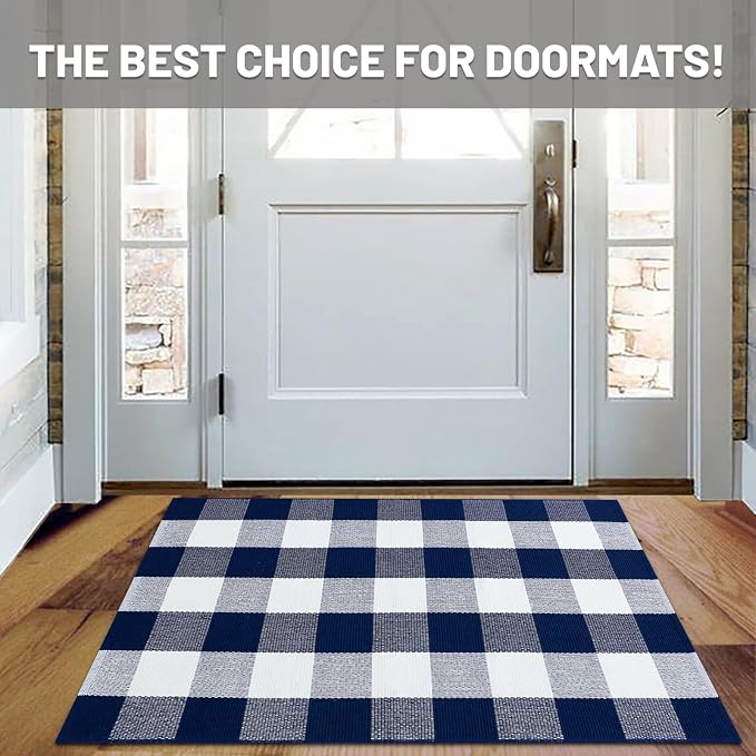 IOHOUZE Buffalo Plaid Checkered Rug 27.5" X 43" Front Door Mats, Washable Area Rugs for Front Porch Decor, Spring Summer Welcome Mats Outdoor, Navy White Rug for Farmhouse/Entryway/Home Entrance