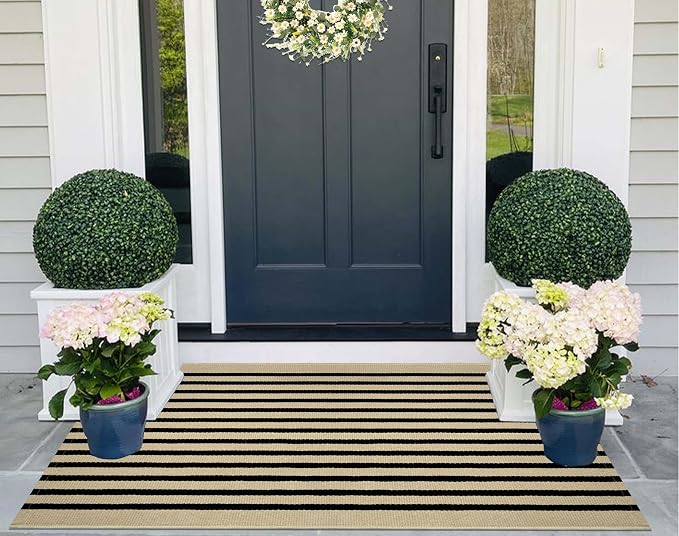 Layered Doormat 2.3'x3.6,Black and Tan Machine Washable Porch Rug Cotton Woven Striped Farmhouse Small Area Rug for Porch/Home Entrace Decor/Bedroom/Layered Door Mats