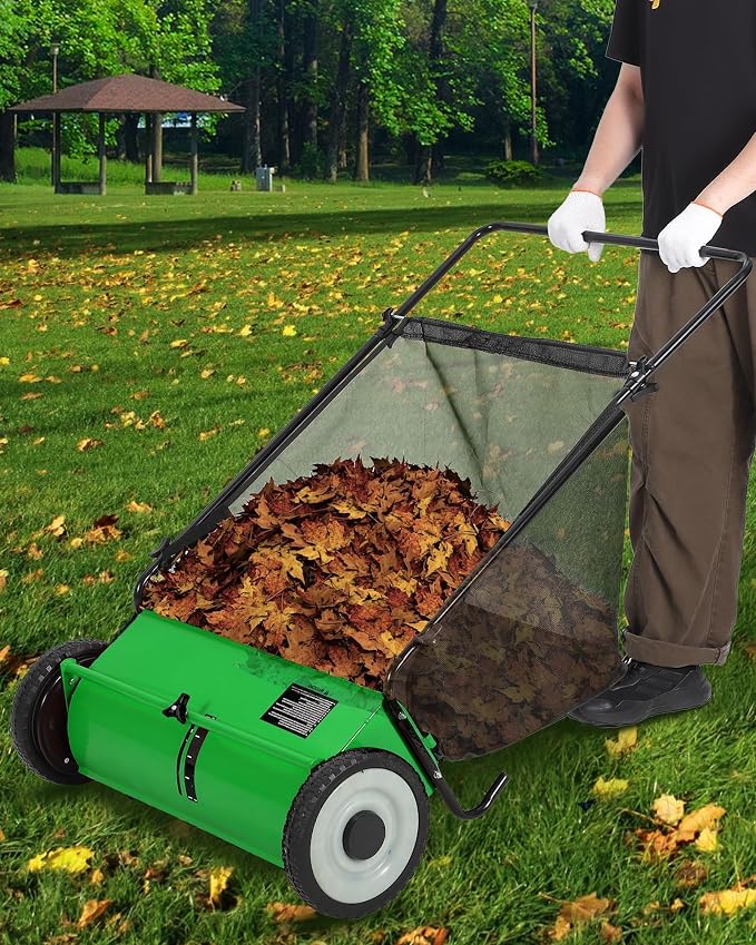 Push Lawn Sweeper for Leaves, 26" Width Heavy Duty Steel Frame Grass Catcher with 7 Cu. Ft. Hopper Bag & 4 Spinning Brushes for Yard and Garden Cleanup, Green