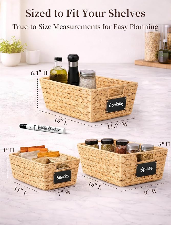 Pantry Baskets, 3 Pack Wicker Storage Baskets for Shelves, Natural | Water Hyacinth Baskets for Organizing, 3-Size Pantry Bins with Chalkboard and Marker for Shelf, Snack, Kitchen, Bathroom