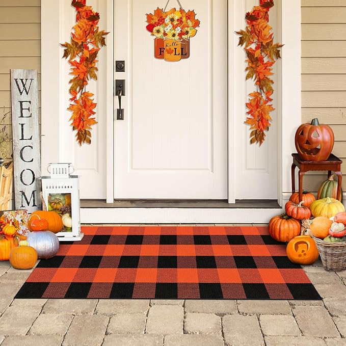 Buffalo Plaid Outdoor Rug Orange and Black 2x4.3 Cotton Woven Checkered Rug Washable Halloween Front Porch Rug Layered Fall Outdoor Mats for Front Door Autumn Farmhouse Entryway Patio Decor