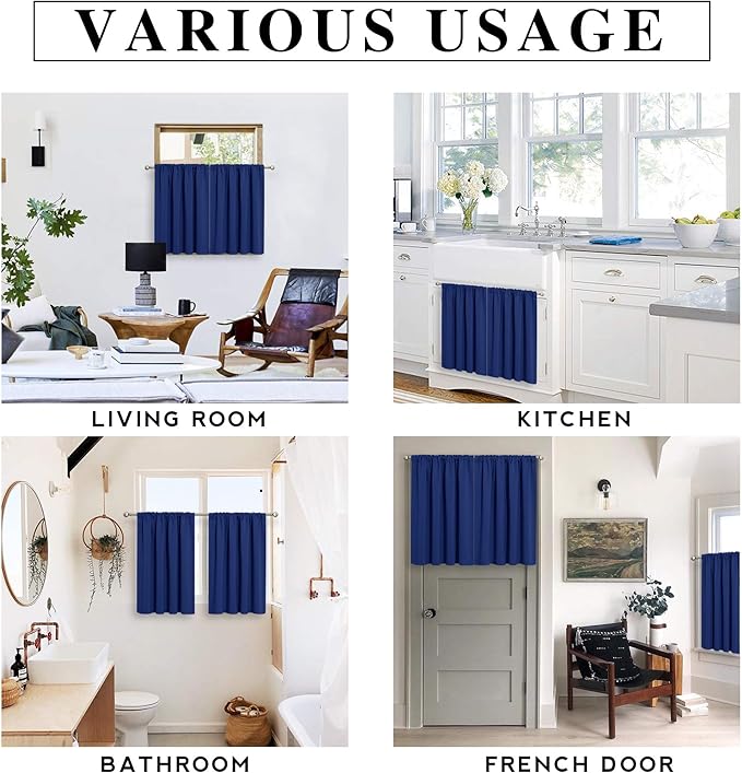 RYB HOME Blackout Privacy Bathroom Window Curtains, Short Thermal Insulated Heat Blocking Privacy Rod Pocket Half Window Curtain Tiers for Nursery Bedroom, Width 42 by Length 30, Marine Blue, 2 Panels
