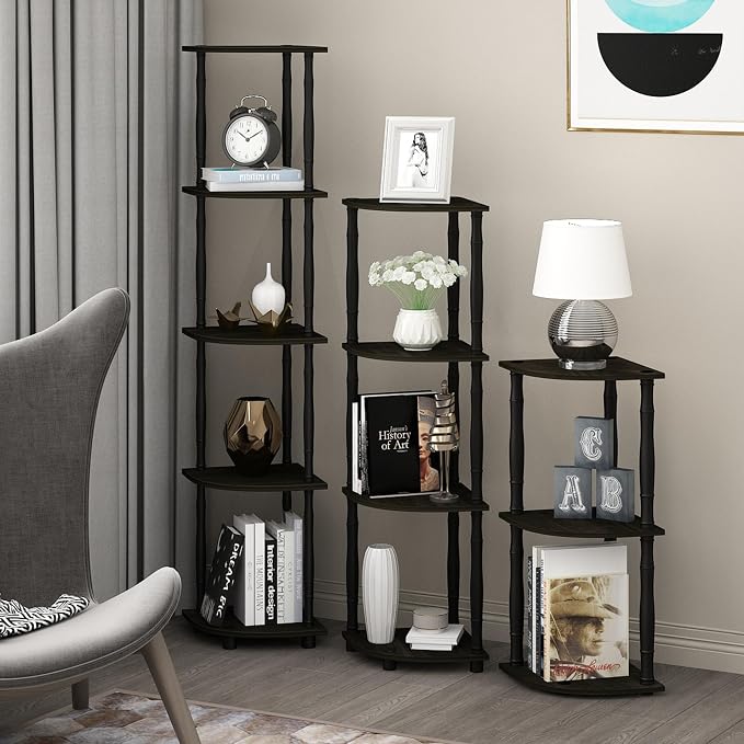Furinno Turn-N-Tube 3-Tier Corner Display Rack Multipurpose Shelving Unit with Classic Tube, Espresso/Black | Open Shelves Corner Bookshelf, Display Storage Shelves, Classic Tubes, for Organization, Living Room, Home Office