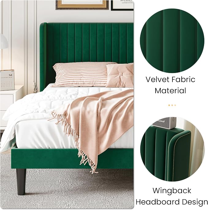 SHA CERLIN Queen Size Velvet Bed Frame, Tufted Wingback Headboard, Green | 47'' Modern Vertical Channel Headboard, Upholstered Platform Bed, Wood Slats, No Box Spring Needed, Easy Assembly, Noise Free