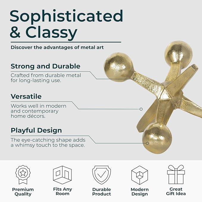 Gold Metal Jacks Decorative Object – Abstract Sculpture Modern Home Decor Ornament – Shelf Styling & Coffee Table Decor for Bathroom, Office & Living Room – 7" x 5"