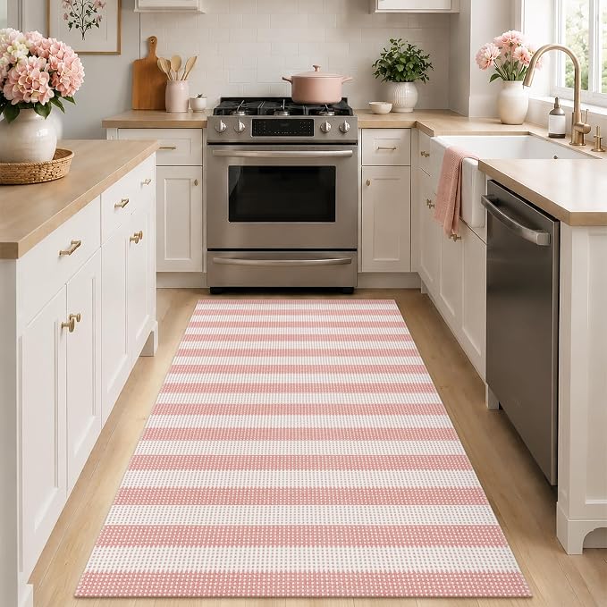 Rugalia Pink Woven Entryway Rug 3x5, Washable Striped Cotton Indoor Outdoor Doormat Low Plie Non-Slip Kitchen Mat, Modern Natural Floor Carpet for Porch Living Room Bedroom Patio