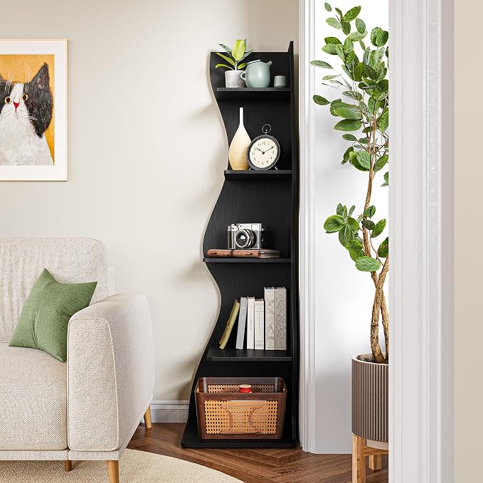 LITTLE TREE Small Corner Shelf, Modern 5-Tier Wall Corner Bookshelf, Stylish Bookcase Storage Rack for Small Space, Living Room, Bedroom, Black, 2 Pack
