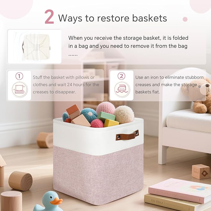 FinishingBo 11 inch Cube Storage Bin 6 Pack, Cube Organizer Bins | Fabric Storage Bins With Handles, 11x11 Storage Cubes, Shelf Basket, White Pink