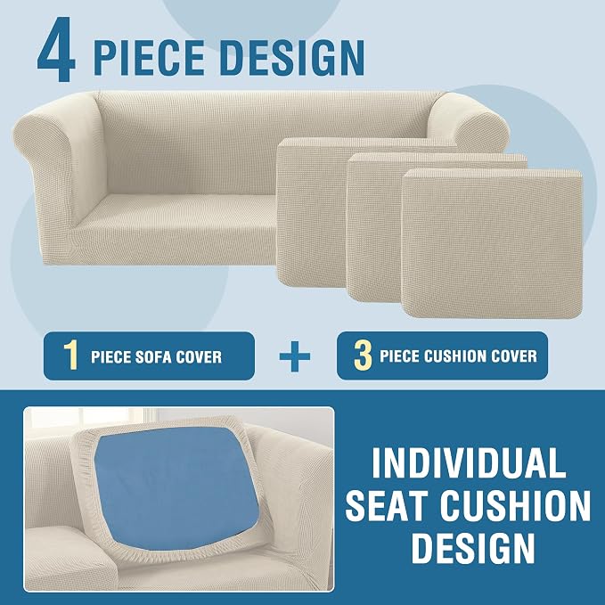 H.VERSAILTEX 4 Piece Stretch Chesterfield 3 Cushion Couch Cover Mid Century Deep Seat Sofa Covers (Base Cover Plus 3 Seat Cushion Covers) Thicker Jacquard Fabric (Large Sofa, Island Fossi)