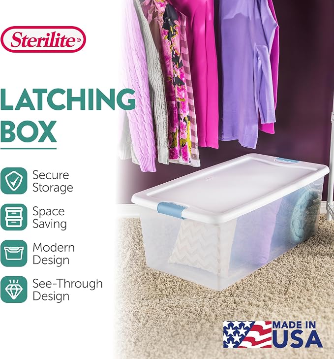 Sterilite Latching Box with Lids for Home and Office, 106 Quart, 24-Pack | Heavy-Duty and Stackable Plastic Containers with Latches for Closet, Cabinet, Bedroom, Bathroom and Dorm Room Organization