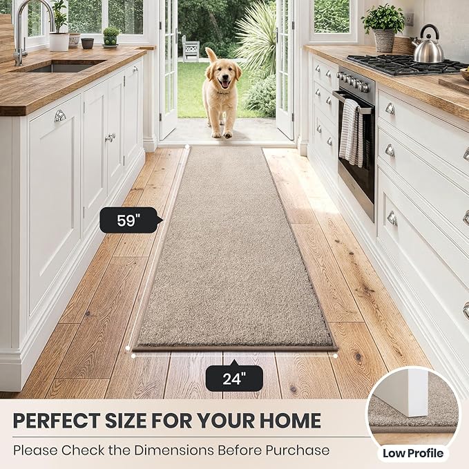 PURRUGS Dirt Trapping Door Mat 24" x 59", Non-Slip Machine Washable Entryway Rug, Dog Doormat, Indoor Front Door Mat, Super Absorbent Entry Rug for Muddy Shoes & Paws, Taupe