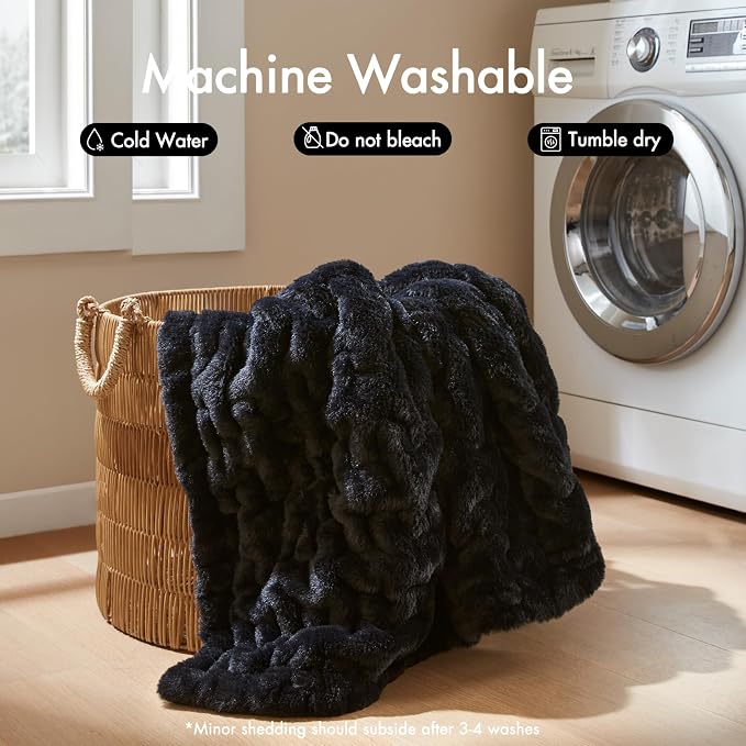 Madison Park Ruched Fur Throw Faux Fur Blanket for Sofa, 50" x 60", Black | Luxury, Premium, Soft Cozy Brushed Long Pile, All Season Plush Modern OEKO- TEX Certification Warm For Bed, Couch or Sofa