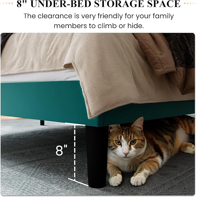 SHA CERLIN Queen Size Velvet Bed Frame, Tufted Wingback Headboard, Teal | 47'' Modern Vertical Channel Headboard, Upholstered Platform Bed, Wood Slats, No Box Spring Needed, Easy Assembly, Noise Free