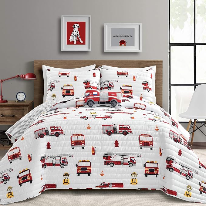 Lush Decor Fire Truck Quilt 4 Piece Set, Full/ Queen, Red & White - Reversible Stripe Print Bedding Set for Kids Room