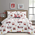 Lush Decor Fire Truck Quilt 4 Piece Set, Full/ Queen, Red & White - Reversible Stripe Print Bedding Set for Kids Room