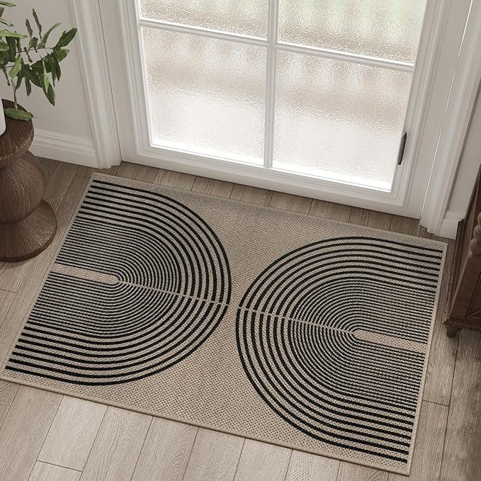 Rugalia Easy Jute Rainbow Entryway Rug, 2x3 Washable Non-Slip Indoor Outdoor Doormat, Black Nature Boho Farmhouse Small Kitchen Rug Modern Abstract Throw Rugs for Entrance Bedroom Bathroom