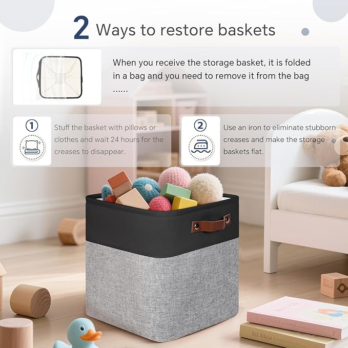 FinishingBo 11 inch Cube Storage Bin 6 Pack, Cube Organizer Bins | Fabric Storage Bins With Handles, 11x11 Storage Cubes, Shelf Basket, Black/ Gray