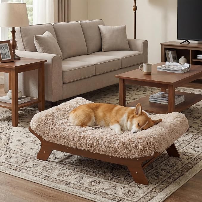 Muihood Elevated Wooden Dog Bed with Foam Mattress, Walnut, Medium | Raised Dog Bed with Washable Cover, Supportive Foam Mattress, Perfect for Medium Dogs and Indoor Living
