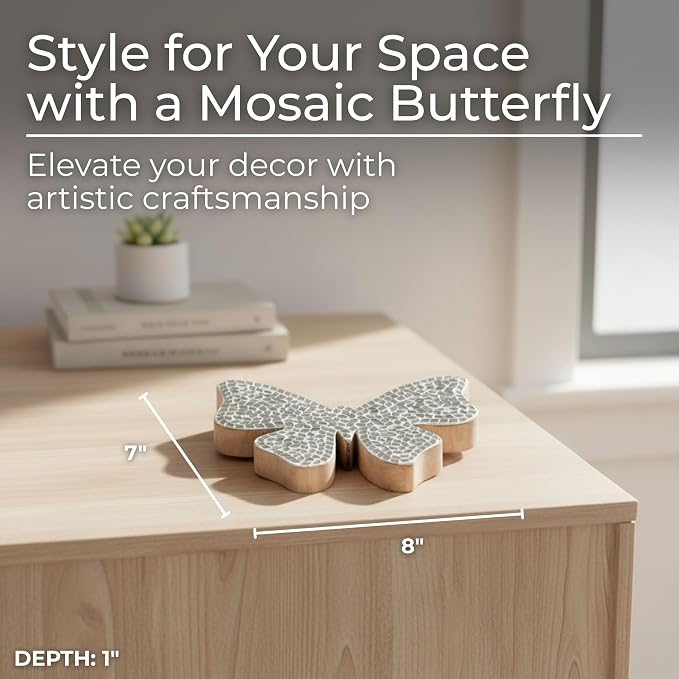 Mango Wood Butterfly Figurine Sculpture – Artful Room Home Decor Accent, for Shelf, Desk, or Console Placement, Glass Mosaic Wings Add Light–Catching Detail – 8", White