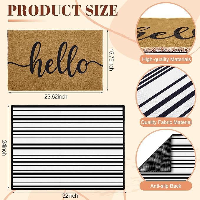 2pcs Layered Doormat Set, Welcome Door Mat for Outdoor Front Door, 16x24 PVC Coil & 24x32 Crystal Velvet Non-Slip Layering Entry Mats for Farmhouse Porch Decoration（Hello, Striped）