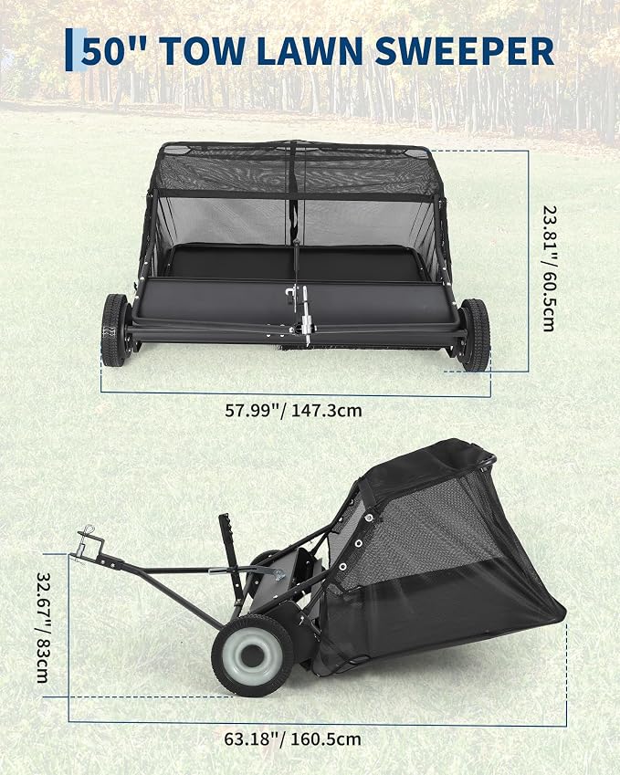 50" Lawn Sweeper Tow Behind, 28 Cu.Ft Capacity Pull Behind Yard Sweeper