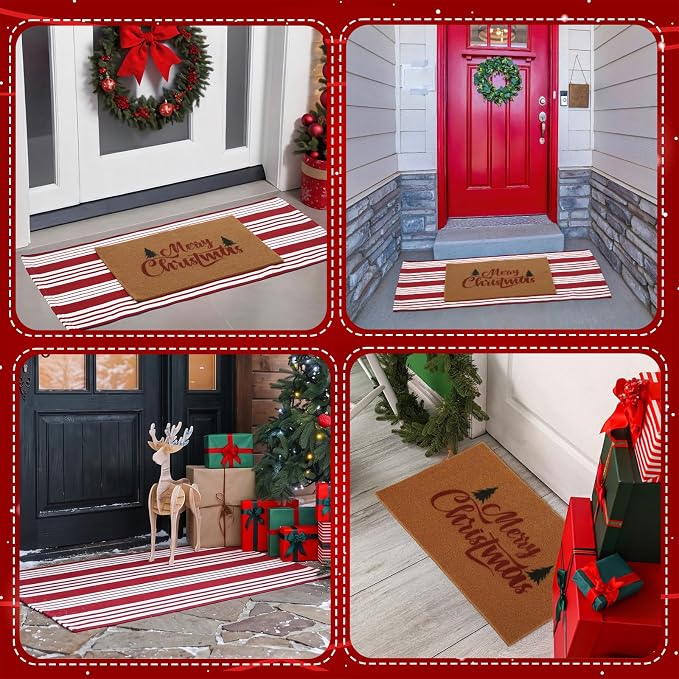 2 Pcs Outdoor Door Mat Combo Set Layered Outdoor Rug and Coir Welcome Doormat Non Slip Outside Floor Mat for Front Porch Entryway Patio Yard Decor(Christmas Tree,24'' X 51',18'' X 28'')