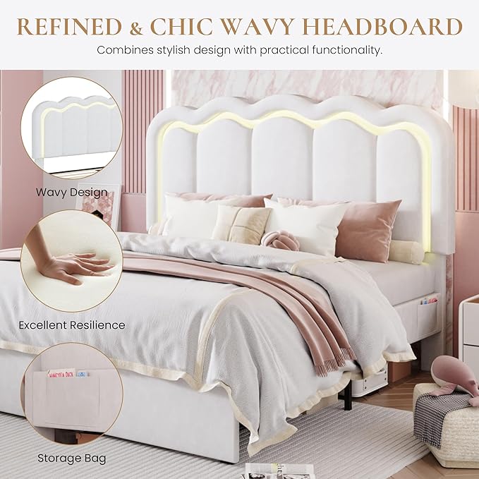 SHA CERLIN Full Size Bed Frame with LED Lights and Storage Drawer, White | Upholstered Velvet Platform Bed with Adjuatable Wavy Headboard, Noise-Free, Easy Assembly,No Box Spring Needed
