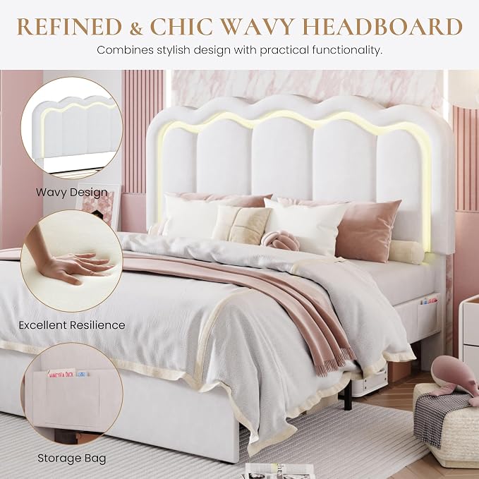 SHA CERLIN Queen Size Bed Frame with LED Lights and Storage Drawer, White | Upholstered Velvet Platform Bed with Adjuatable Wavy Headboard, Noise-Free, Easy Assembly,No Box Spring Needed