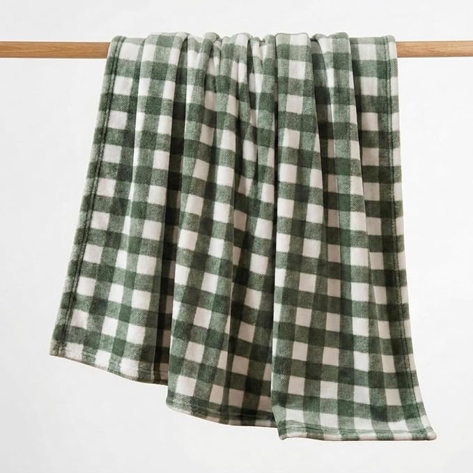 Martha Stewart - Blanket, Incredibly Soft Throw Blanket for Couch or Bed, Printed Plush & Oversized Bedding (Madison Gingham Green, 60" x 70")