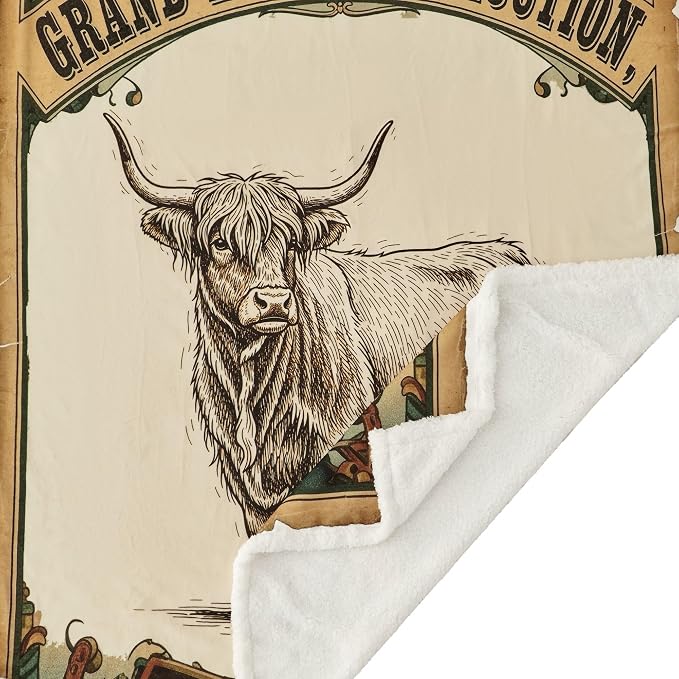 Indigo Hill by HiEnd Accents, Highland Cow Western Blanket, Soft Fleece Throw, Vintage Grand Livestock Auction Print Sherpa Throw Blanket for Couch, Sofa, Bed, 54x68 inch